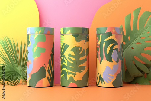 Colorful containers with tropical leaf patterns against vibrant background create lively and eco friendly atmosphere. Perfect for modern decor and sustainable living