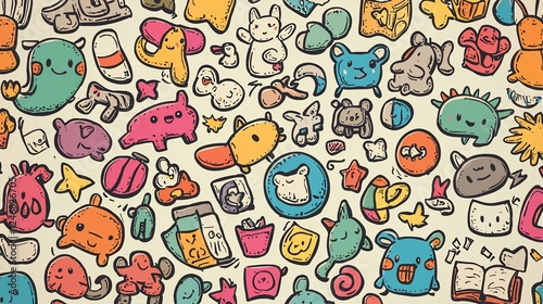 Cute cartoon doodles seamless pattern background.