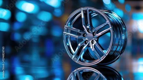 Shiny chrome alloy wheel with blue reflection