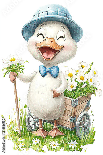 Happy Cartoon Duck with Flowers in a Wooden Cart