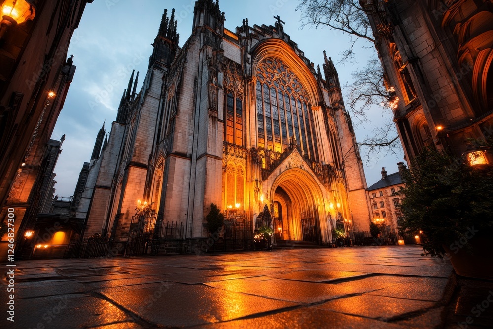 Fototapeta premium A mysterious cathedral with intricate stone gargoyles, illuminated by candlelight in a stormy night