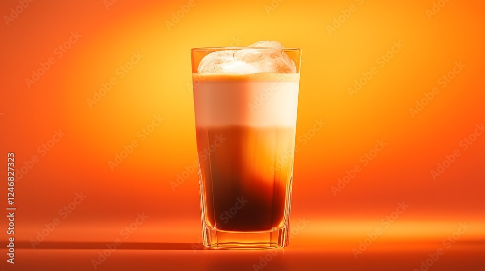 Iced Latte in Glass on Orange Gradient Background - Refreshing Drink Iced Latte in Glass on Orange Gradient Background - Refreshing Drink