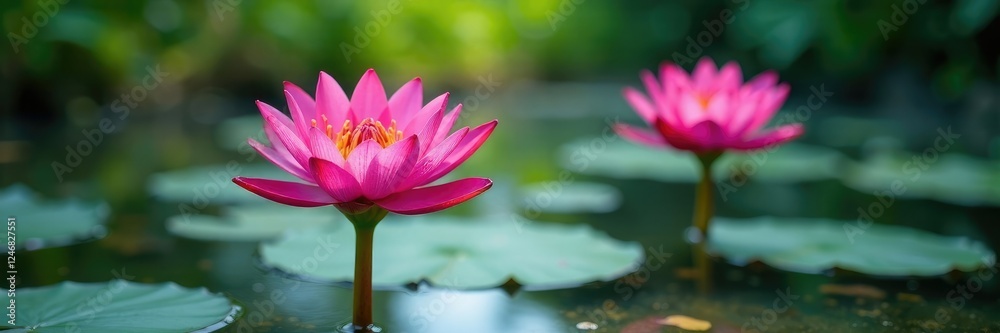 Blue and red water lily flowers in the pond with yellow green stem, red, pond Blue and red water lily flowers in the pond with yellow green stem, red, pond