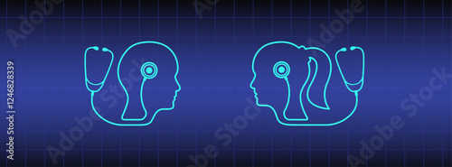 Abstract man woman head shape stethoscope design on blue medical background. Healthcare symbol to use for health industry, cardiology, medical care, hospital, health science projects.