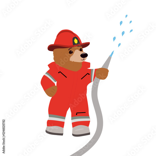 cute bear doll in fire fighter uniform vector illustration