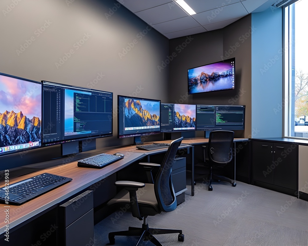 Modern office with multiple computer screens and ergonomic chairs Modern office with multiple computer screens and ergonomic chairs