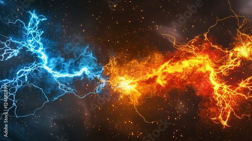 Dynamic blue and red forces clash, igniting a brilliant spark of energy exchange photo