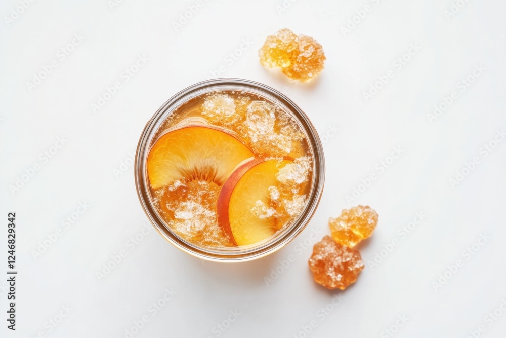 Mason jar of virgin peach ginger beer with peach slices and crystallized ginger, minimalist style, pastel colors, refreshing summer drink concept Mason jar of virgin peach ginger beer with peach slices and crystallized ginger, minimalist style, pastel colors, refreshing summer drink concept