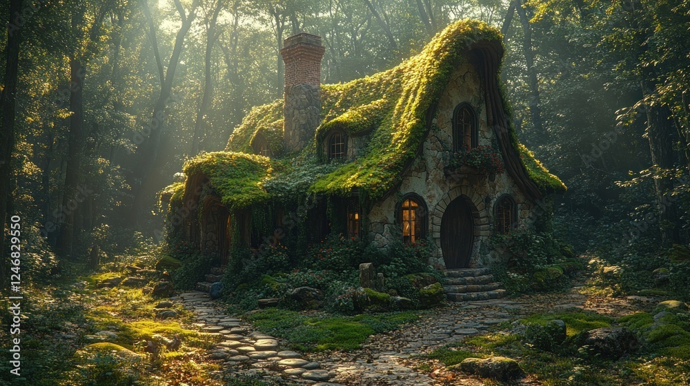 Fototapeta premium Mossy cottage, forest sunrise, magical path