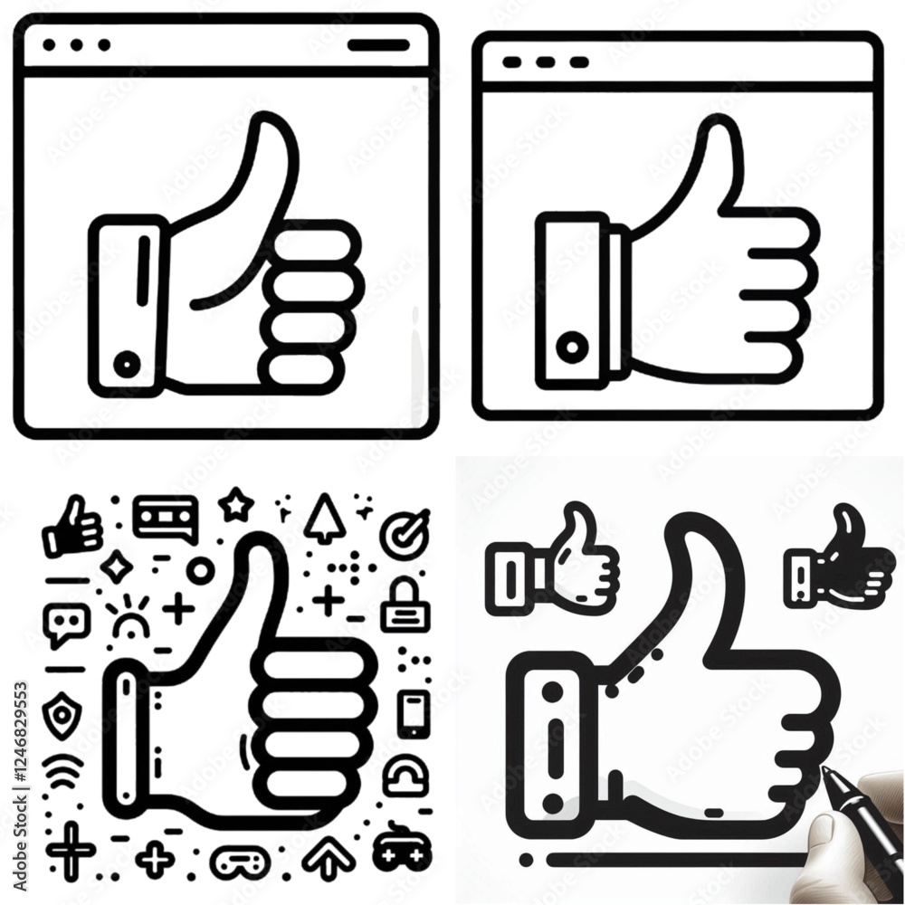 Four thumbs up icons in different styles on a white background for approval and feedback concept Four thumbs up icons in different styles on a white background for approval and feedback concept