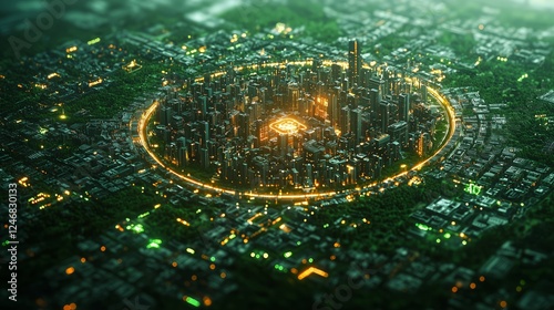 Aerial View of Futuristic City Surrounded by Green Landscape