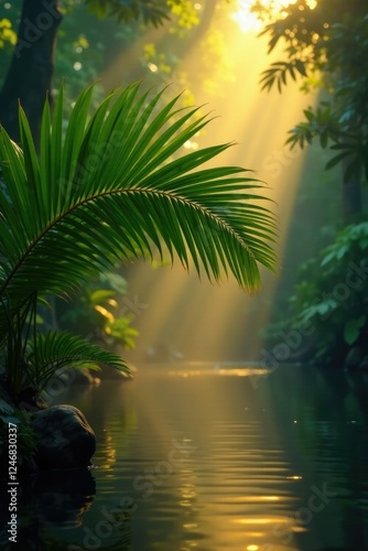 Palm leaf reflects golden light in misty jungle, tropical, reflection, jungle