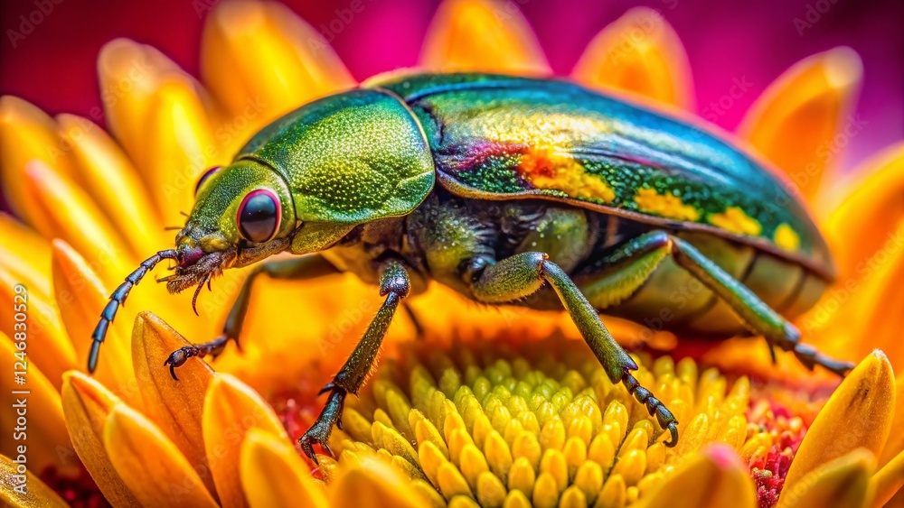 Naklejka premium Macro Photography: Beetle Covered in Pollen on Vibrant Flower