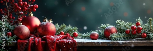 Velvet-draped mantel adorned with sparkling glass balls, red holly berries, and frosted pine tips against a hazy, icy background, baubles, winterwonderland photo