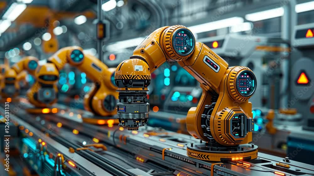 A futuristic factory with robotic arms and digital screens, surrounded by glowing symbols of technology and innovation. humanoid robot engaged in various industrial activities A futuristic factory with robotic arms and digital screens, surrounded by glowing symbols of technology and innovation. humanoid robot engaged in various industrial activities