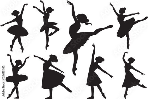 Girls daner silhouette set, girl dancing black color vector illustration design on a white background.