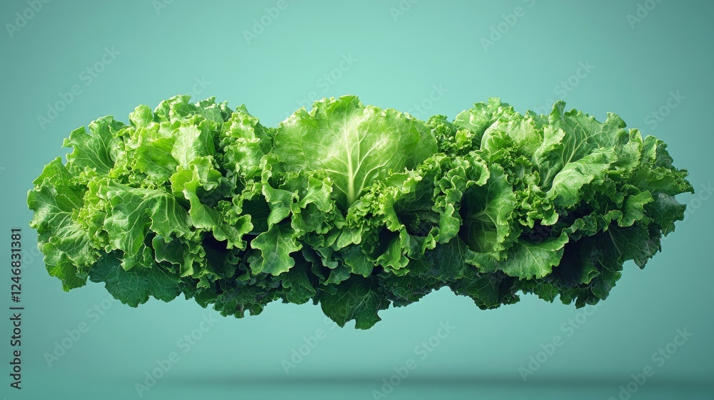 Fresh Green Lettuce Leaves Floating on Teal Background Fresh Green Lettuce Leaves Floating on Teal Background