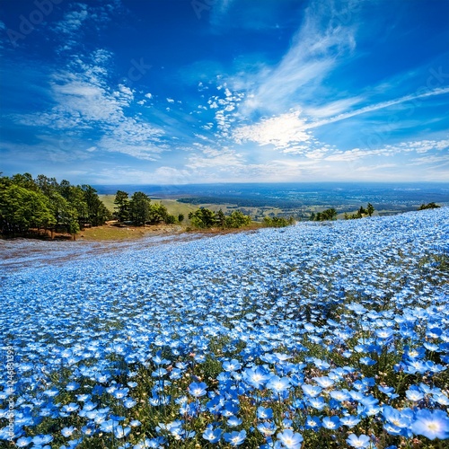 一面に広がるネモフィラの花畑と青空