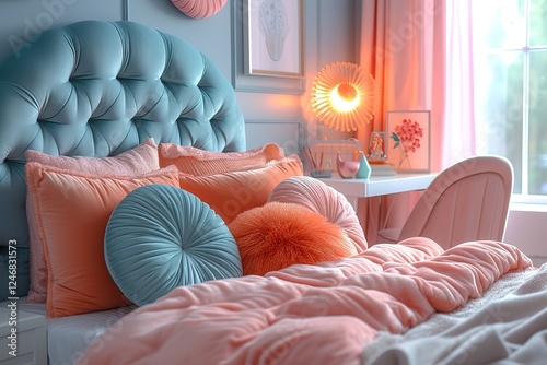 Wallpaper Mural prompt Teenage girl bedroom bedroom modern interior design Cute room in pastel colors bed with pillows desk and chair decor Torontodigital.ca