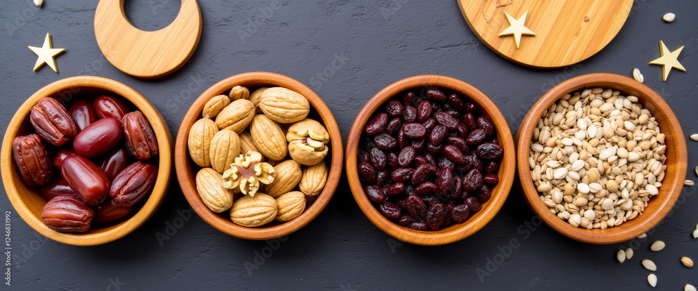 Obraz premium Ramadan food assortment in wooden bowls on dark background