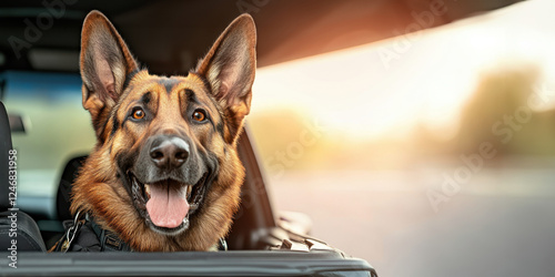 Police dog K9 unit. A police dog enjoying a car ride with its head out the window, capturing a joyful moment in nature.