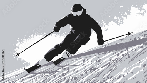 Skiing Silhouette Vector Illustration of a Skier on a Snowy Mountain