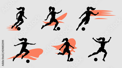 Woman soccer player silhouette icon vector set