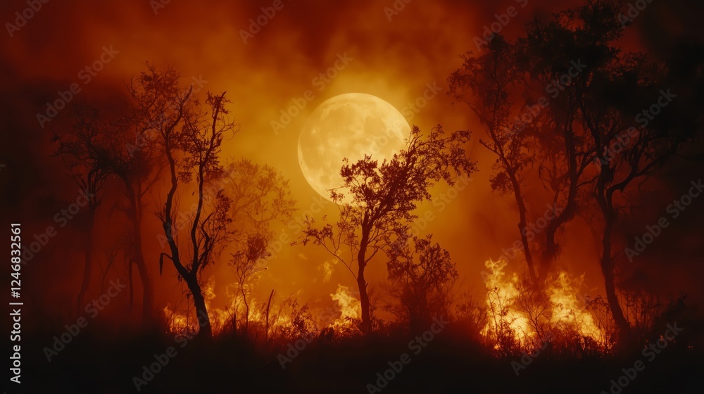 Fototapeta premium Dramatic Wildfire Under Full Moon with Fiery Landscape