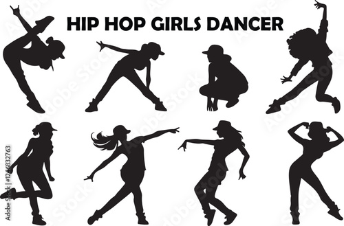 Hip hop girls dancer silhouette vector set, girls hip hop movement black silhouette design on a white background.