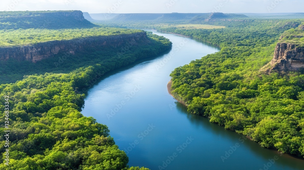 Stunning aerial view of serene river flowing through lush green canyon landscape. Stunning aerial view of serene river flowing through lush green canyon landscape.