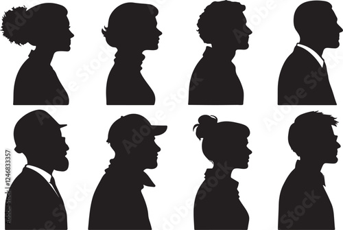Person side profile silhouette vector set, using flat black color illustration design on a white background.