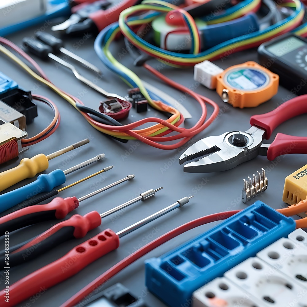 Fototapeta premium Colorful Electrical Tools and Equipment Laid Out on a Surface, A high-angle, full shot of various electrical tools and equipment, including wires, connectors, pliers, screwdrivers,