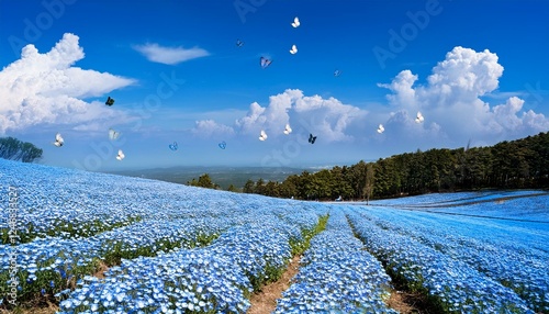 一面に広がるネモフィラの花畑と青空