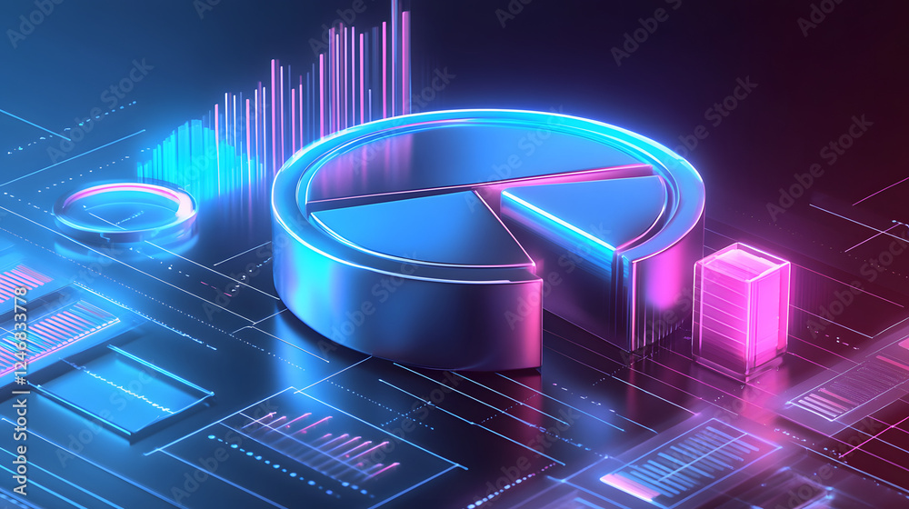 Cute isometric 3D image of 3D pie chart and bar chart in realistic metallic silver illuminated by neon blue. add floating, transparent charts and circular measurement tools. ensure perfect shapes an Cute isometric 3D image of 3D pie chart and bar chart in realistic metallic silver illuminated by neon blue. add floating, transparent charts and circular measurement tools. ensure perfect shapes an