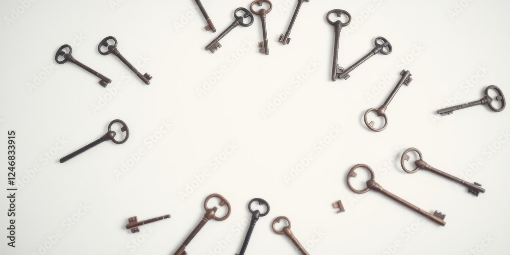Antique Skeleton Keys Arranged in a Circular Pattern on a White Surface Antique Skeleton Keys Arranged in a Circular Pattern on a White Surface