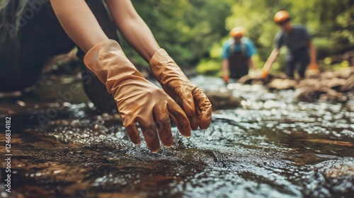 Hands of environmental activist touching polluted water photo