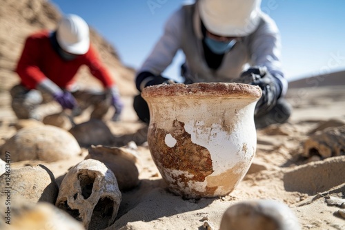 A team of anthropologists excavating an ancient burial site in the desert photo