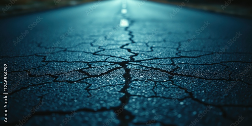 Obraz premium A Dark, Cracked Asphalt Road Stretching Towards a Distant Light