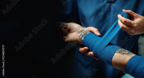 Medical professional wrapping a patient's arm with blue bandage