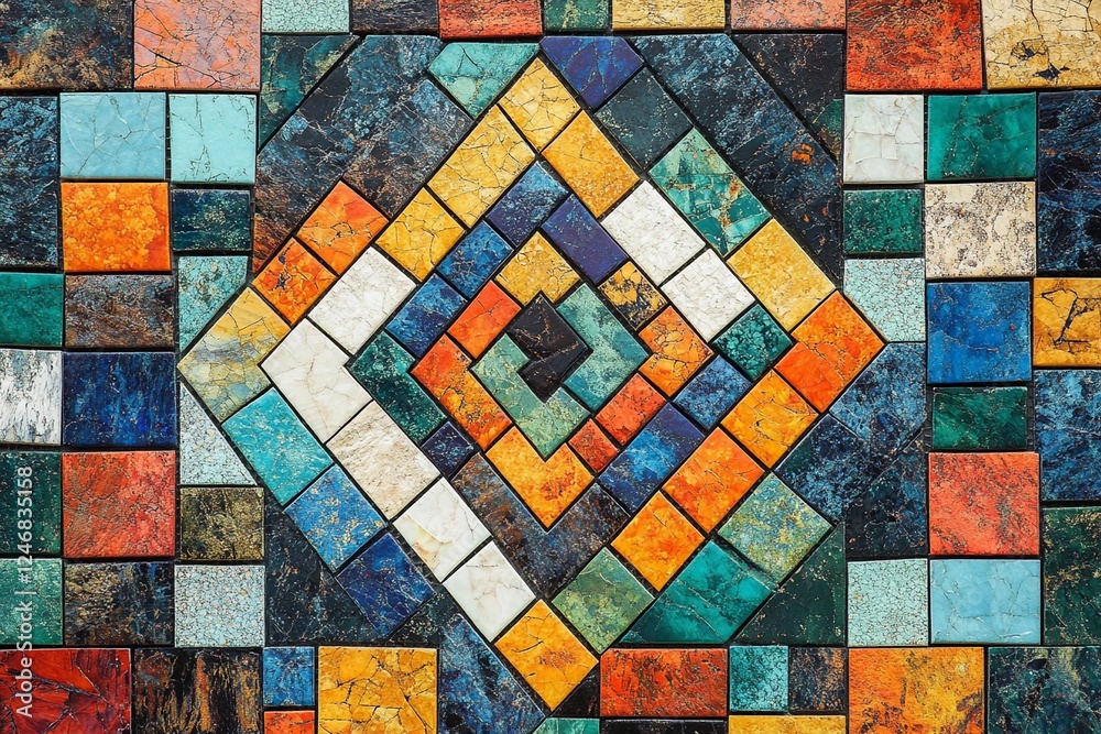 Colorful mosaic pattern featuring diverse geometric shapes in a vibrant design Colorful mosaic pattern featuring diverse geometric shapes in a vibrant design