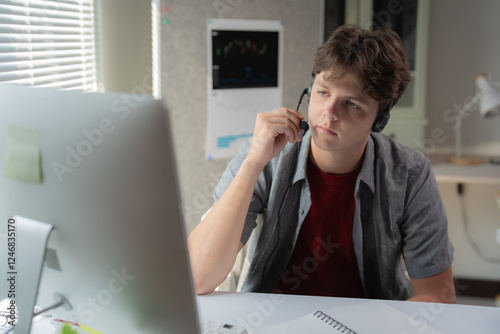 Young man wearing a headset, focused on a computer screen, working remotely from a home office. Papers and a lamp are visible, suggesting a productive work environment photo