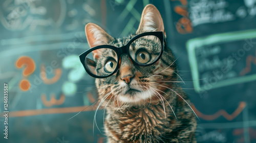 Curious and perplexed cat has a lot of questions, confused cat student, study learning education concept.