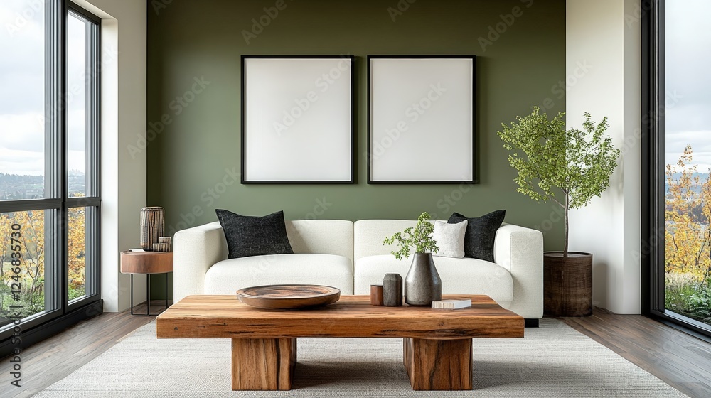 Fototapeta premium Modern living room interior with a couch and coffee table in a cozy atmosphere and natural light