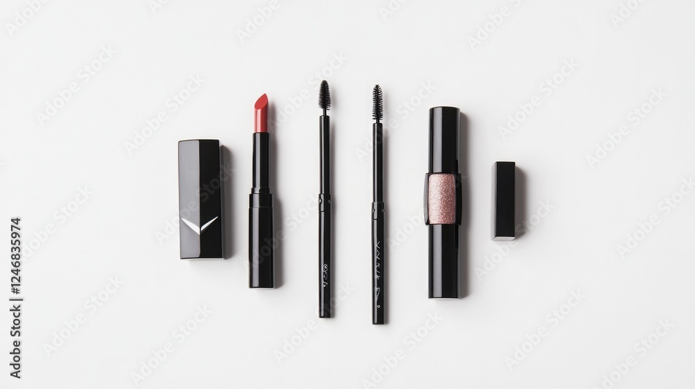 Obraz premium flat lay of experimental makeup products including shimmering eyeliners and bold lipsticks arranged symmetrically