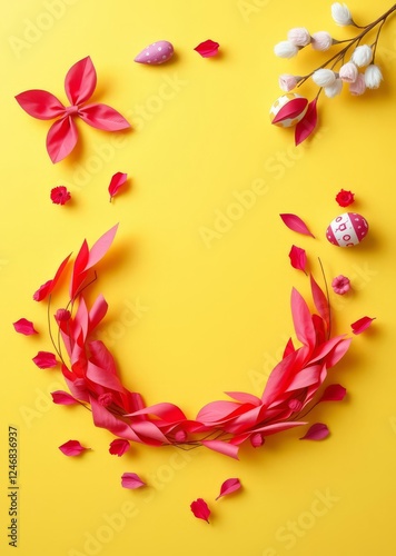 Minimalistic easter themed flat lay featuring an easter egg shape crafted from red paper filler against a yellow backdrop image with room for text copy space image place for adding text and design eas photo