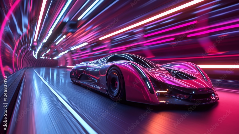 Futuristic Racing Car in Neon Light Speed Tunnel