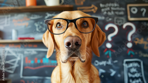 Curious and perplexed dog has a lot of questions, confused dog student, study learning education concept.