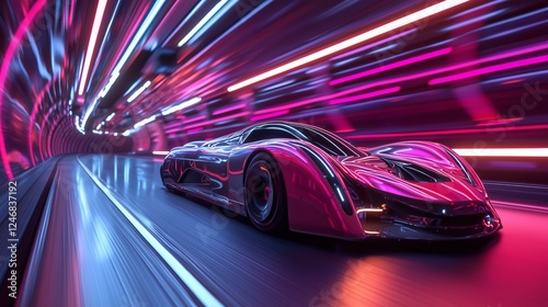 Futuristic Racing Car in Neon Light Speed Tunnel