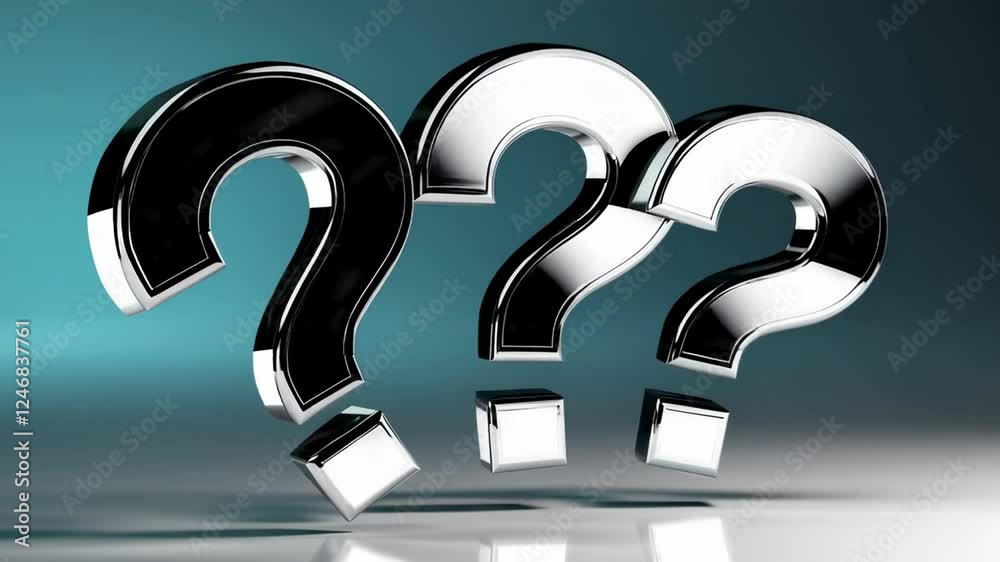 Multiple chrome question marks are rotating on a turquoise background, symbolizing uncertainty, decision making, and the search for answers