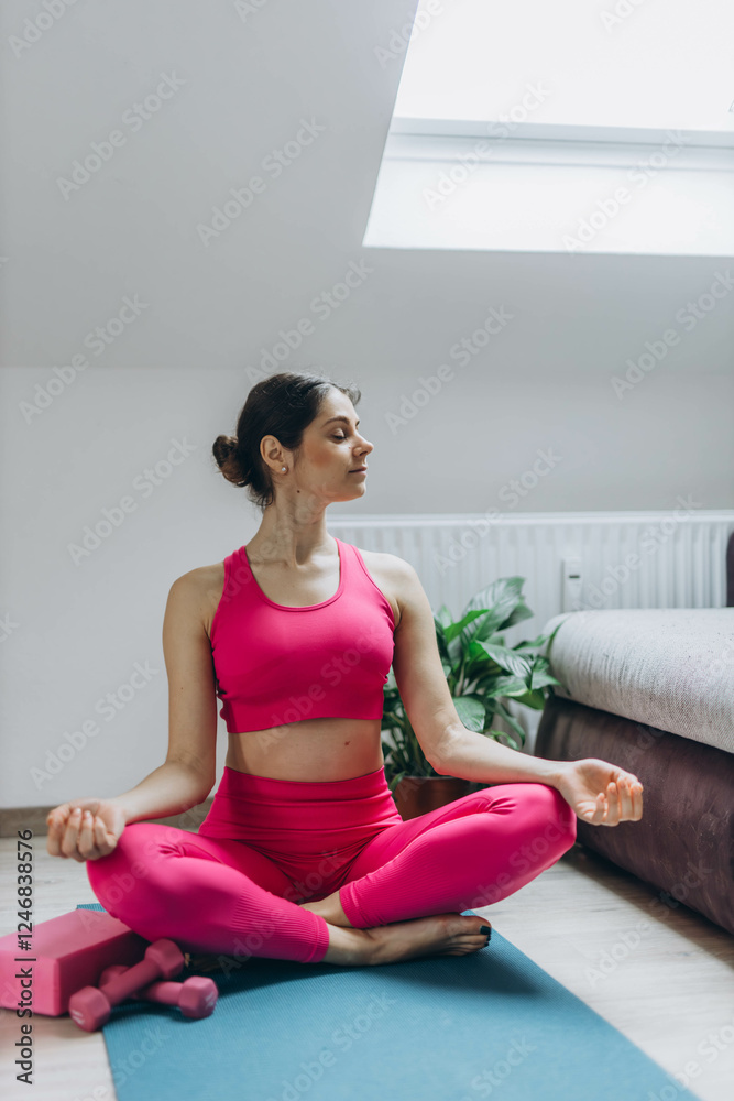 Fototapeta premium Stretching, yoga and woman on a living room floor for training, exercise or mental health at home. Legs, stretch and lady with flexible fitness or pilates workout for balance, meditation or wellness